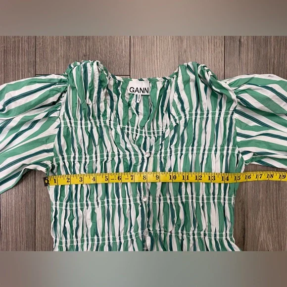 GANNI Creme de Menthe Stripe Cotton‎ V-Neck Fitted Blouse Sz UK 40/L - Picture 7 of 9
